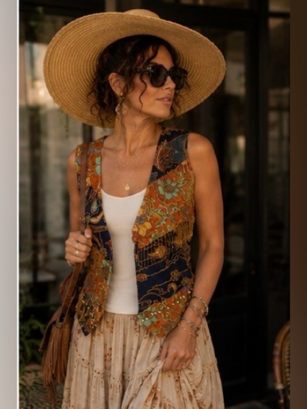 Charity Hand Beaded Boho Batik Fringe Vest | Size L